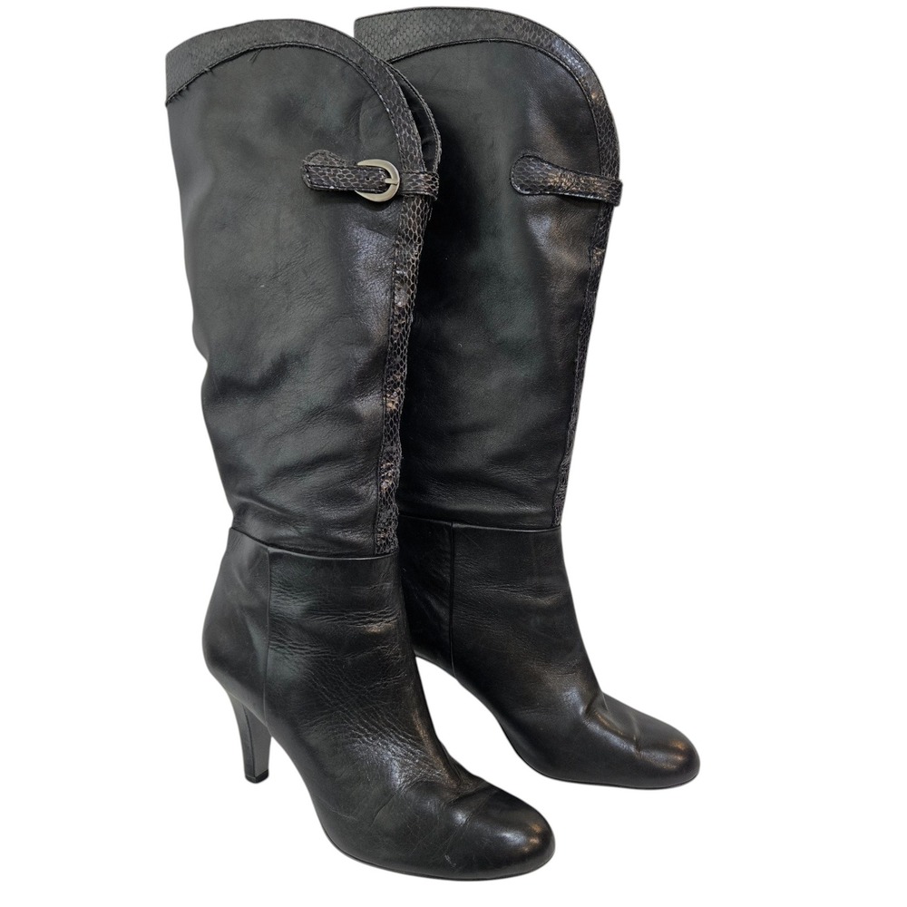Tahari Gabe Boots Women 7.5 Black Leather Snake Trim 3" heel Knee High Dressy